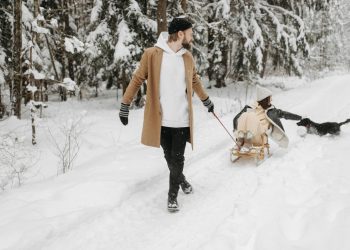 A Man Pulling a Woman on a Sleigh