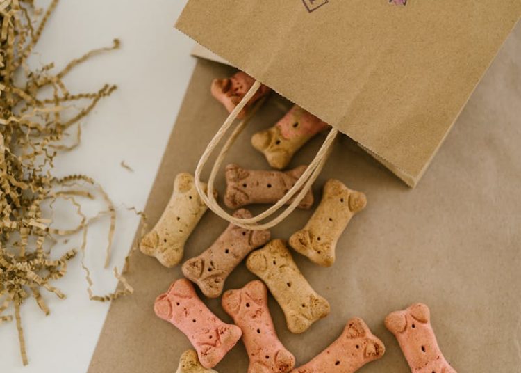 A Paper Bag with Dog Treats on a Brown Table